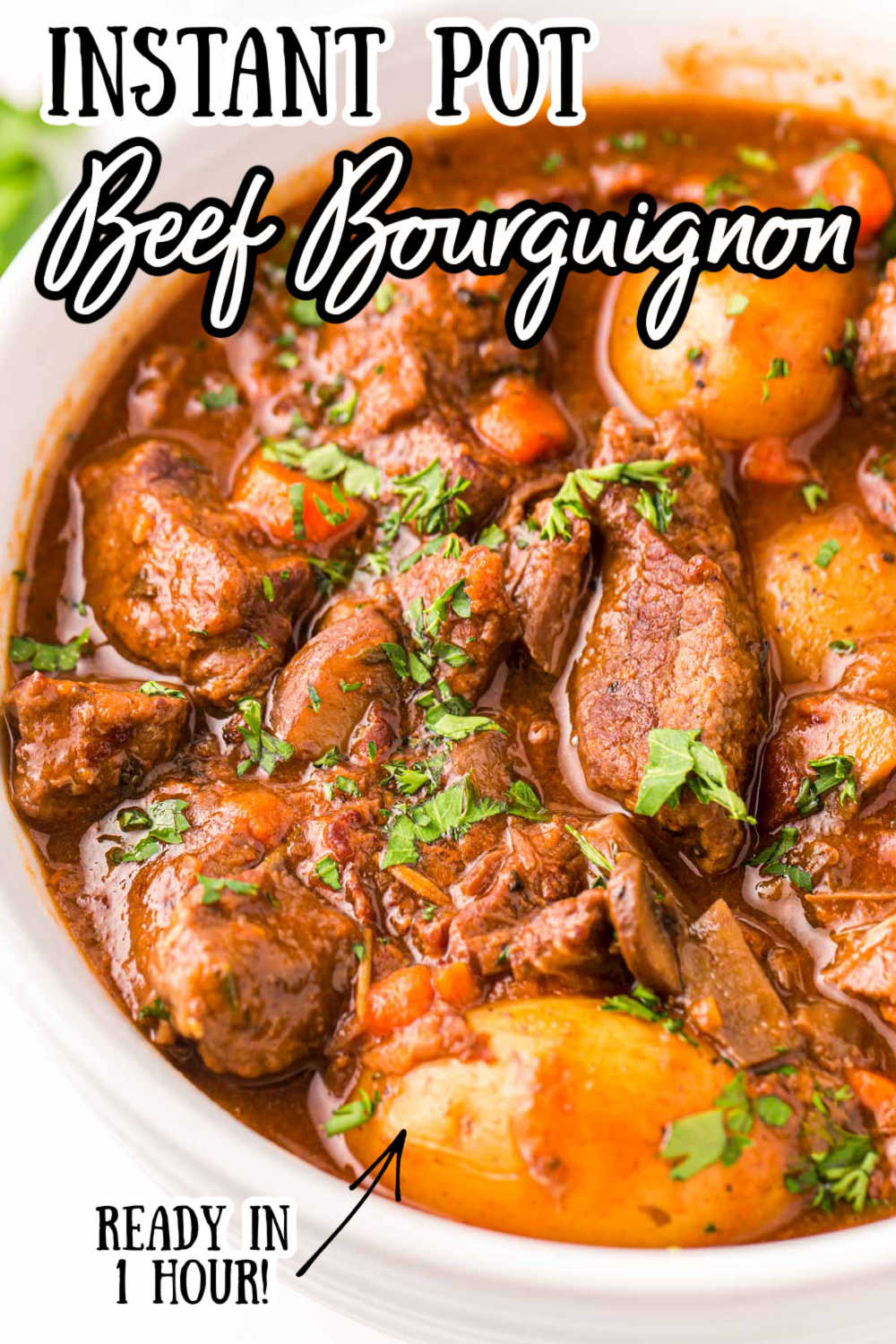 Instant Pot Beef Bourguignon has tender, juicy chunks of beef surrounded by carrots, mushrooms, and potatoes that are covered in a delicious gravy made of beef broth and red wine!   via @sugarandsoulco