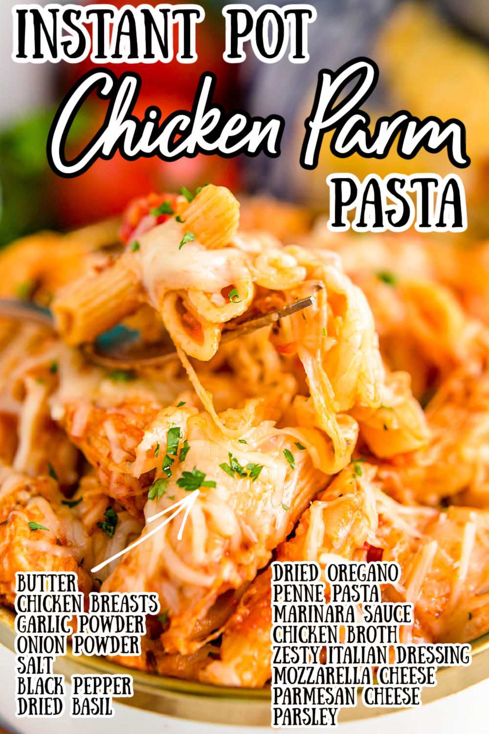 This Instant Pot Chicken Parmesan Pasta comes together in just 25 minutes for a quick weeknight dinner option loaded with tomato sauce, cheese, and chicken that everyone will love! via @sugarandsoulco