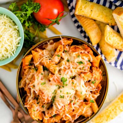 Over head photo of a bowl of chicken parmesan pasta.