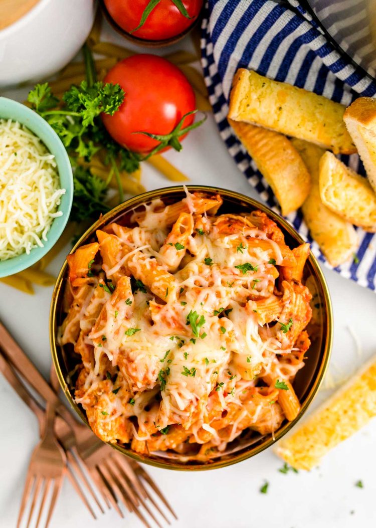 Over head photo of a bowl of chicken parmesan pasta.