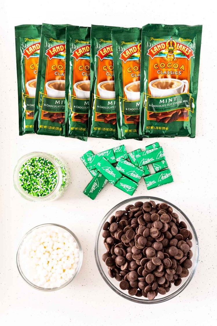 Overhead photo of ingredients used to make Mint Hot Chocolate Bombs.