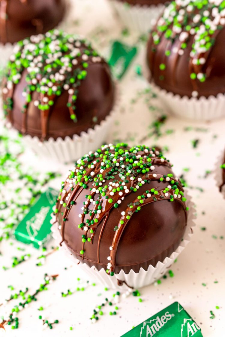 Close up photo of  Mint Hot Chocolate Bombs.