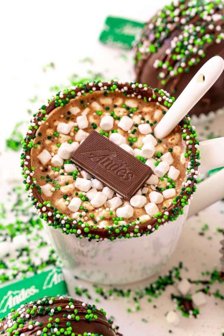 Close up photo of a mug filled with mint hot chocolate.