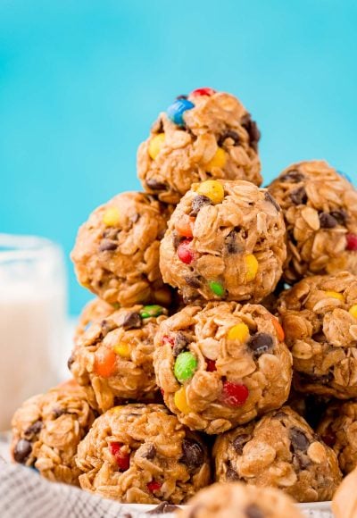 Close up photo of a stack of Monster Cookie Protein balls.