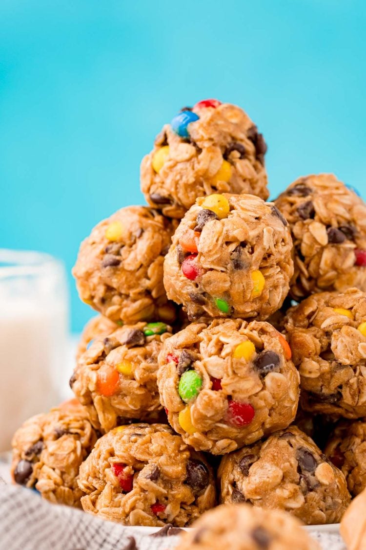 Close up photo of a stack of Monster Cookie Protein balls.