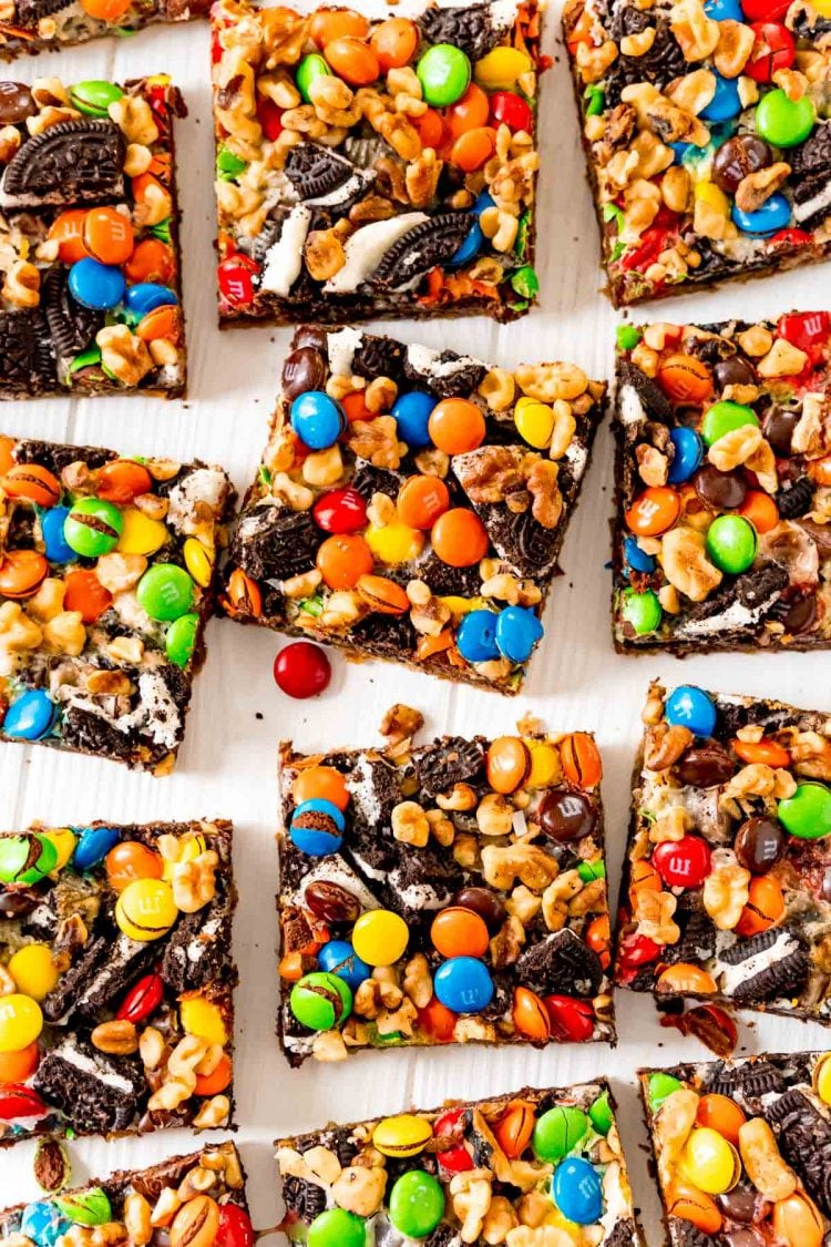 Overhead photo of Oreo Cookie Bars on a white table.