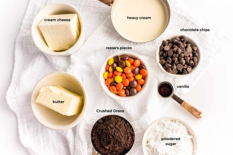 Overhead photo of ingredients prepped with make a no bake reese's peanut butter cheesecake.