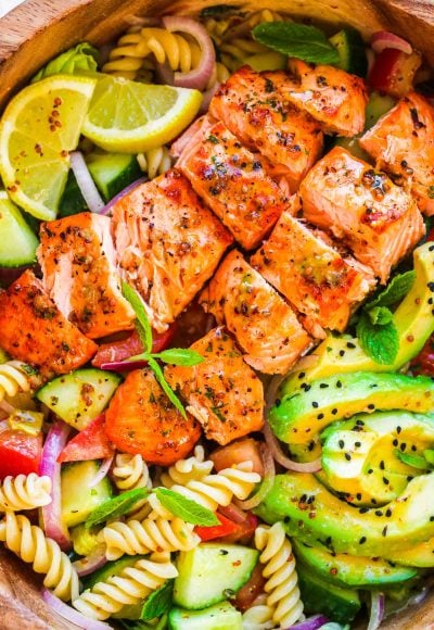 Close up photo of a salmon pasta salad.