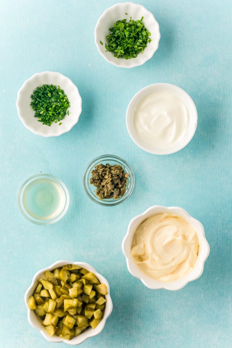 Overhead photo of ingredients used to make tartar sauce.