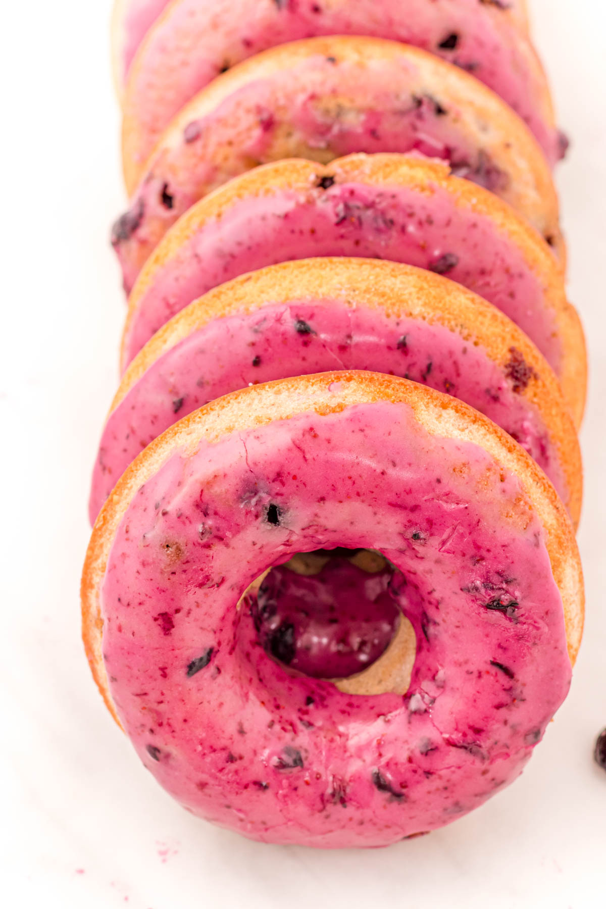 Close up photo of blueberry donuts in a row on a white counter top.