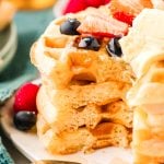 Belgian waffles that have been sliced into.
