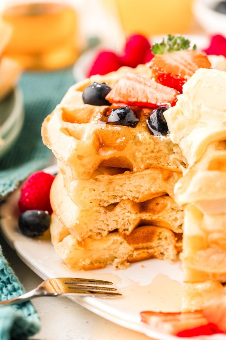 Belgian waffles that have been sliced into.