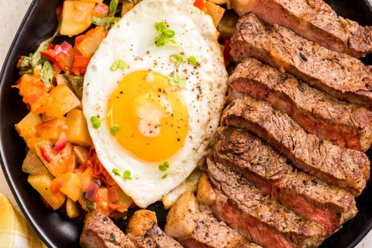 Breakfast Steak and Eggs with Homefries has perfectly cooked steak for a delicious and savory, protein-packed way to start or finish your day!