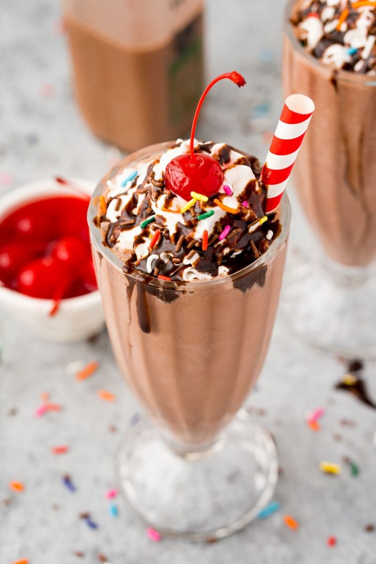 Close up photo of a chocolate milkshake.