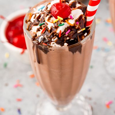 Close up photo of a chocolate milkshake.