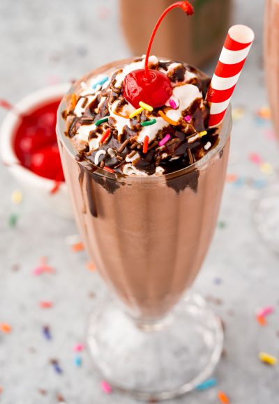 Close up photo of a chocolate milkshake.