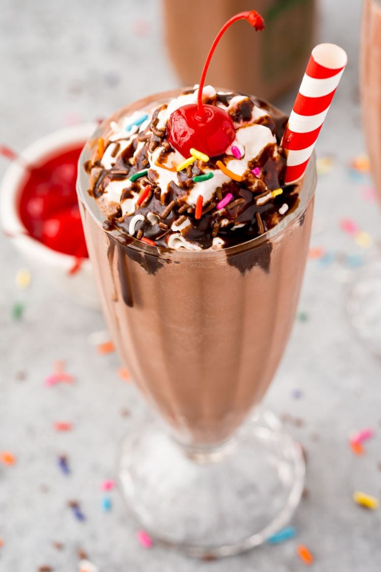 Close up photo of a chocolate milkshake.