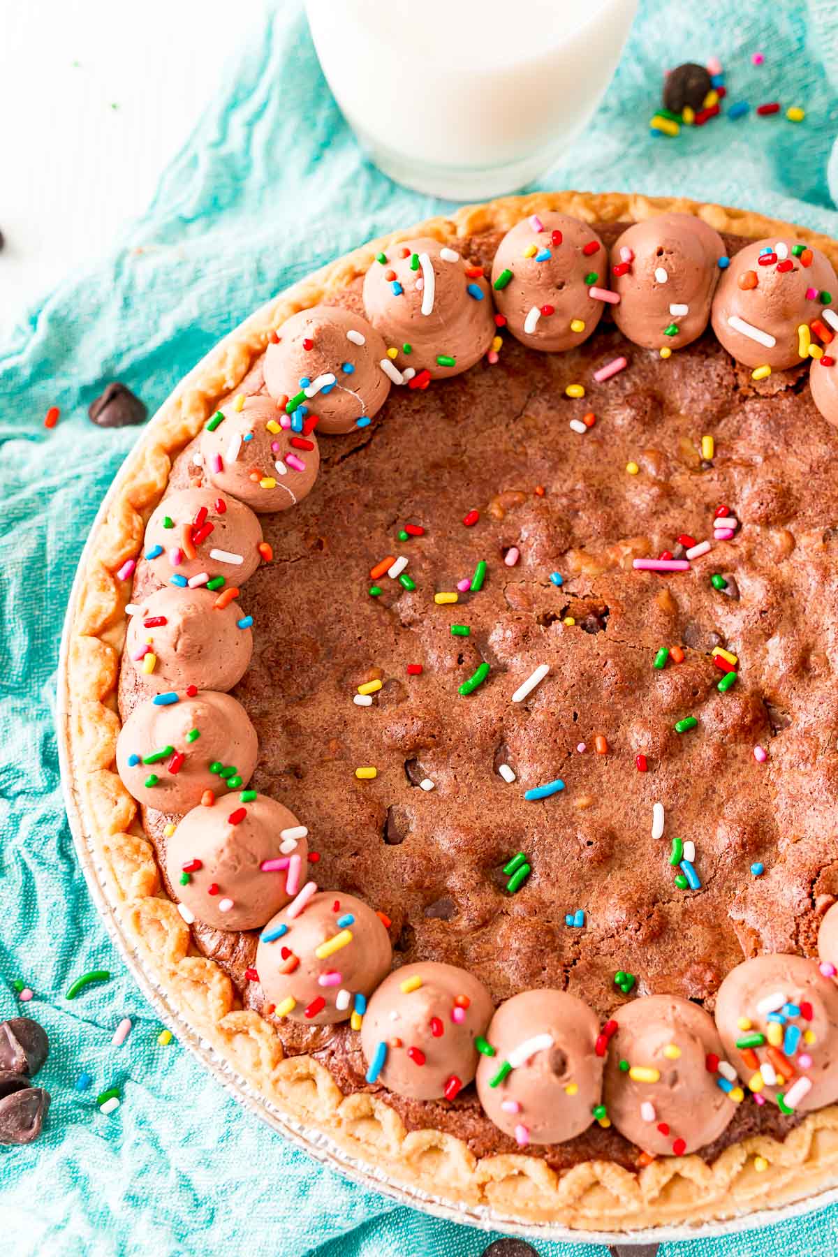 Overhead photo of a chocolate flavored toll house pie.