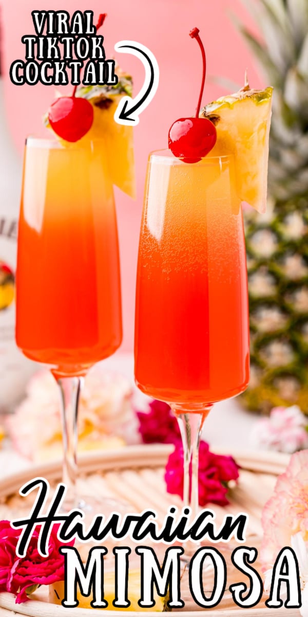 This Hawaiian Mimosa is made with prosecco, coconut rum, pineapple juice, and grenadine. It's light, sweet, fruity, and downright delicious - no wonder it's gone viral on TikTok! via @sugarandsoulco