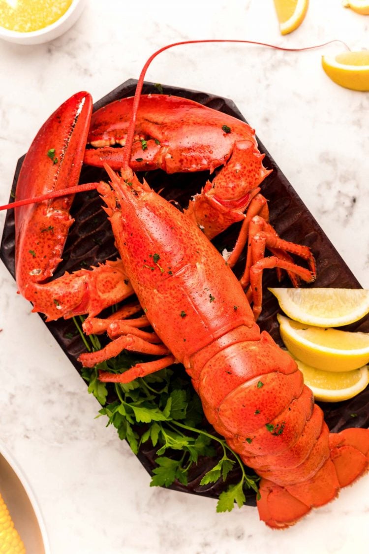 Close up photo of a steamed lobster on a cutting board with lemons.