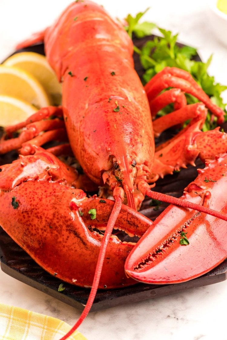 Close up photo of a cooked red lobster on a cutting board with herbs and lemon.