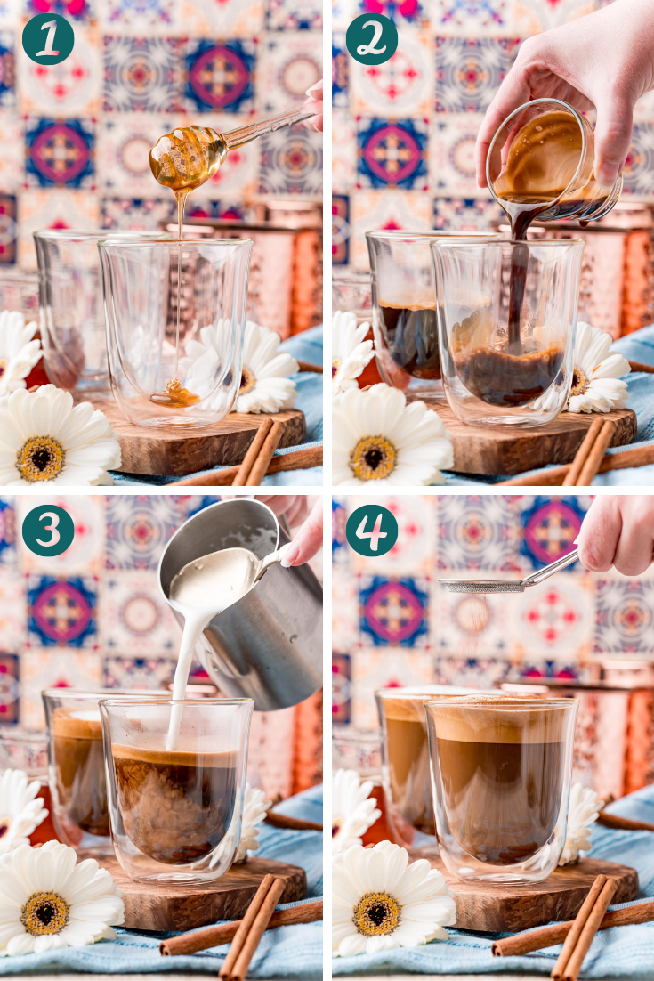 Step by step photo collage showing how to make cafe con miel.