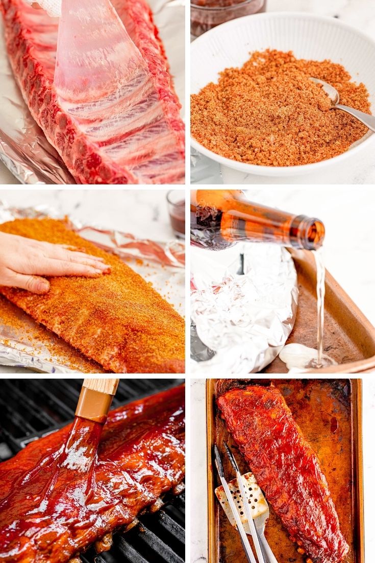 step-by-step photo collage showing how to make grilled bbq baby back ribs.