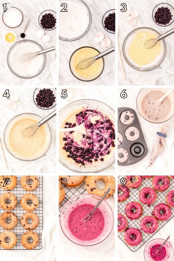 Step by step photo collage showing how to make blueberry donuts.