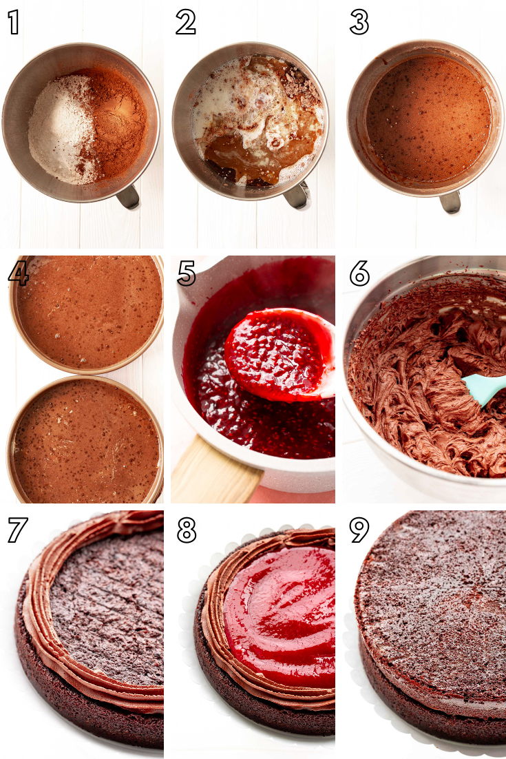 Step-by-step photo collage showing how to make chocolate raspberry cake from scratch.