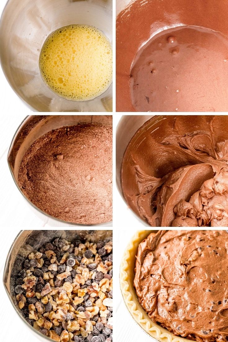 Step-by-step photo collage showing how to make chocolate toll house pie.