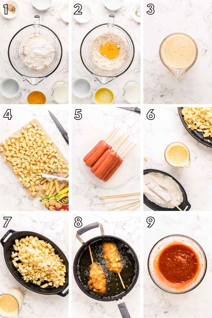 Step-by-step photo collage showing how to make Korean hot dogs.