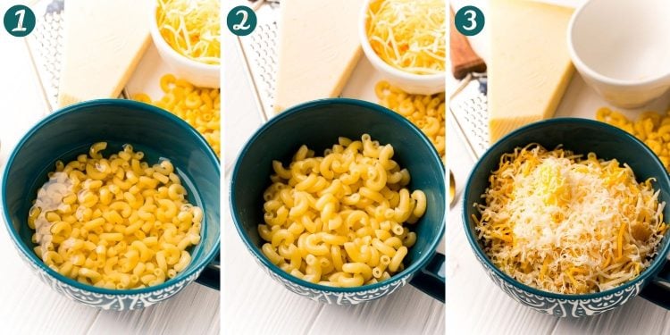 Step-by-step photo collage of three photos showing how to make mac and cheese in a mug.