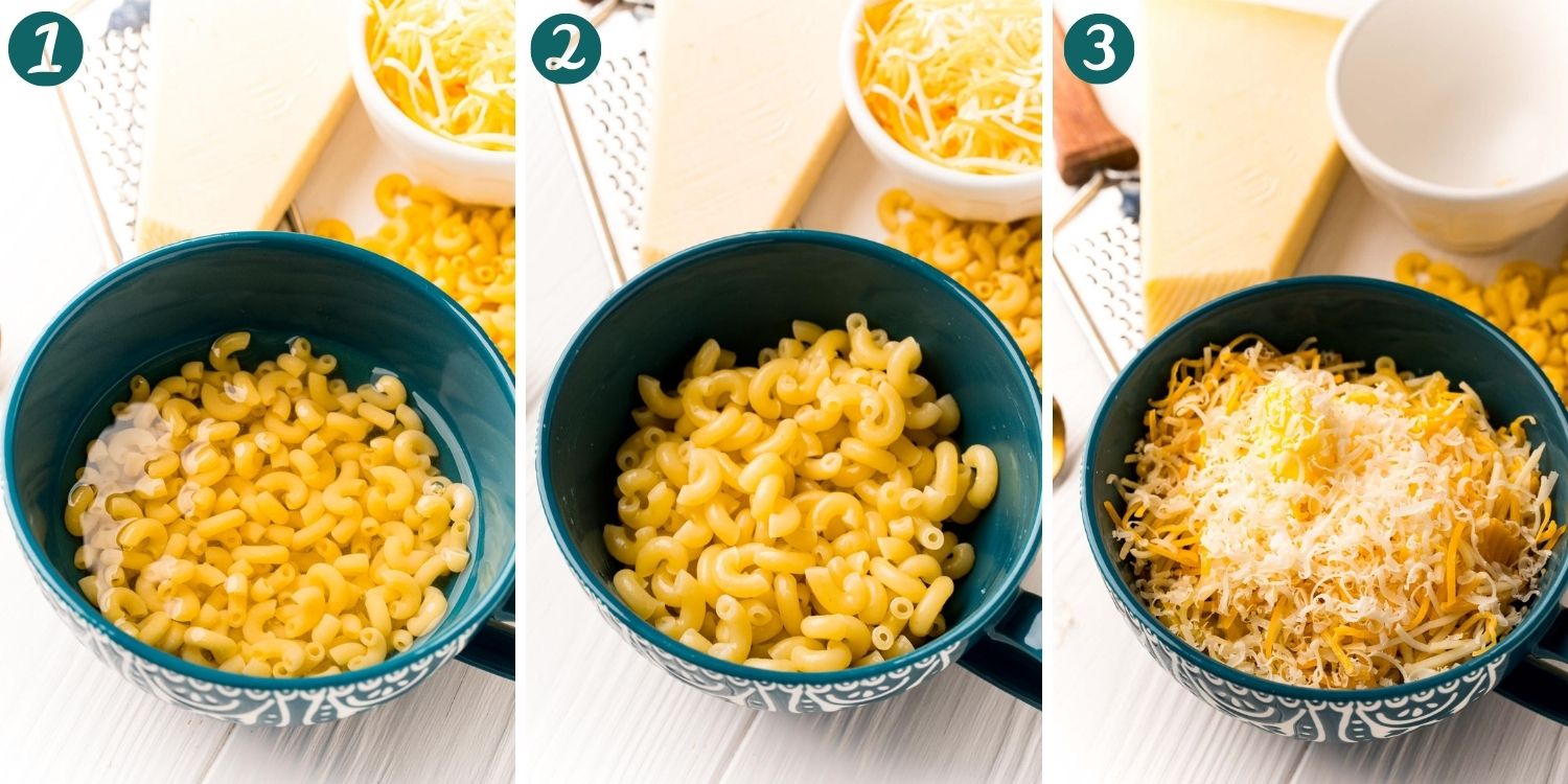 Step-by-step photo collage of three photos showing how to make mac and cheese in a mug.