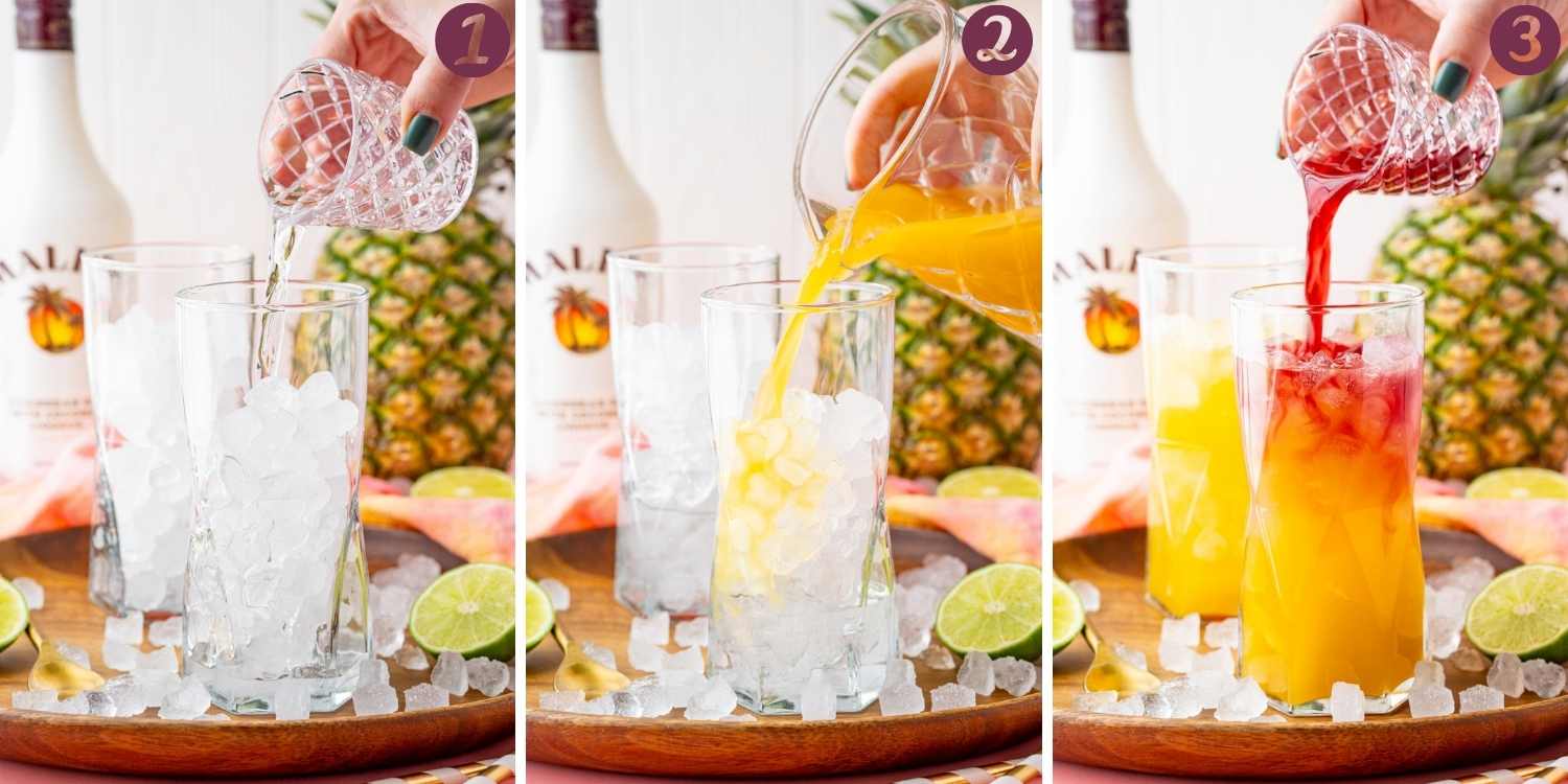 Step-by-step photo collage showing how to make a Malibu Bay Breeze cocktail.