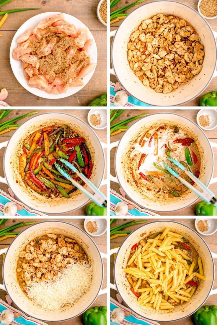 Step by step photo collage showing how to make Rasta pasta.