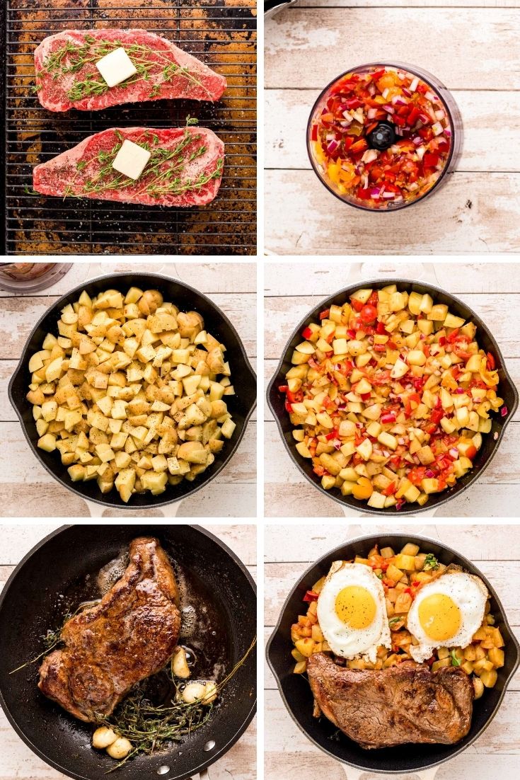 Step by step photo collage showing how to cook steak and eggs.