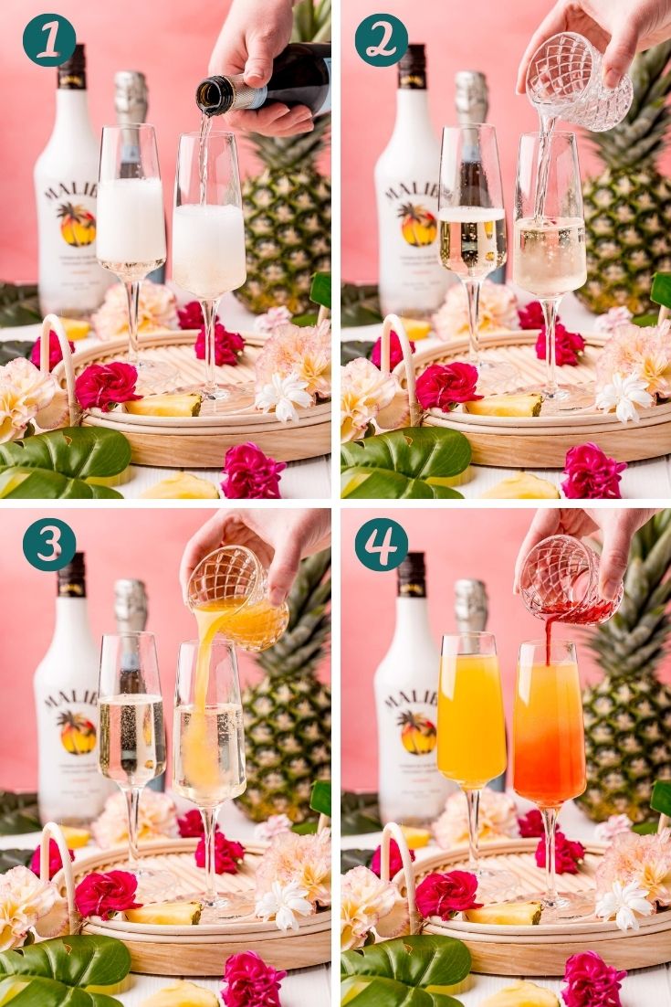 Step by step photo collage showing how to make Hawaiian Mimosas tiktok style.