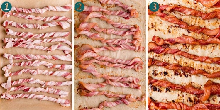 Step by step photo collage showing how to make twisted bacon.