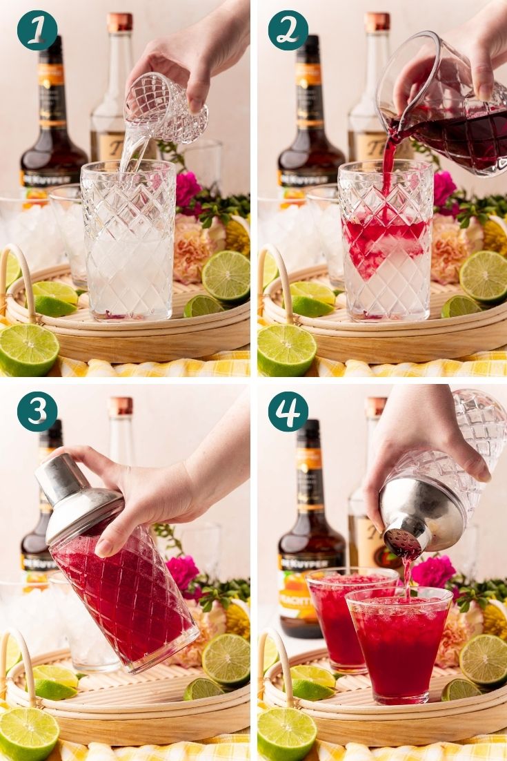 Step by step photo collage showing how to make a woo woo cocktail.