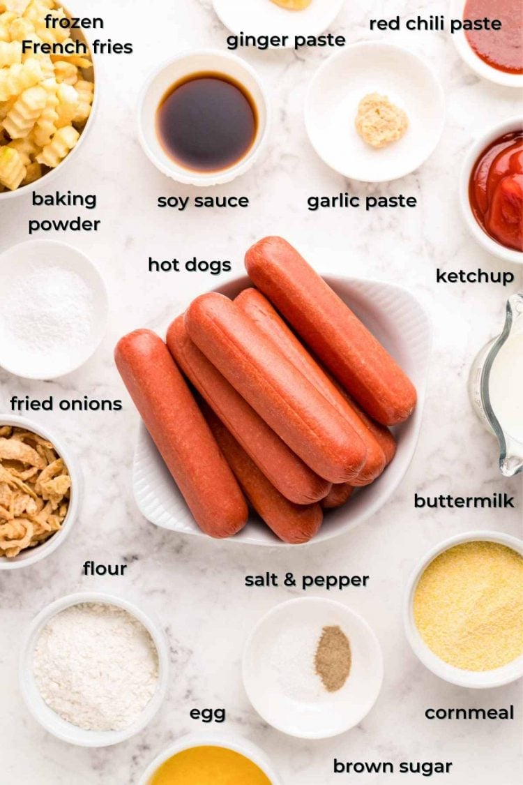 Ingredients used to make Korean corndogs on a marble table.