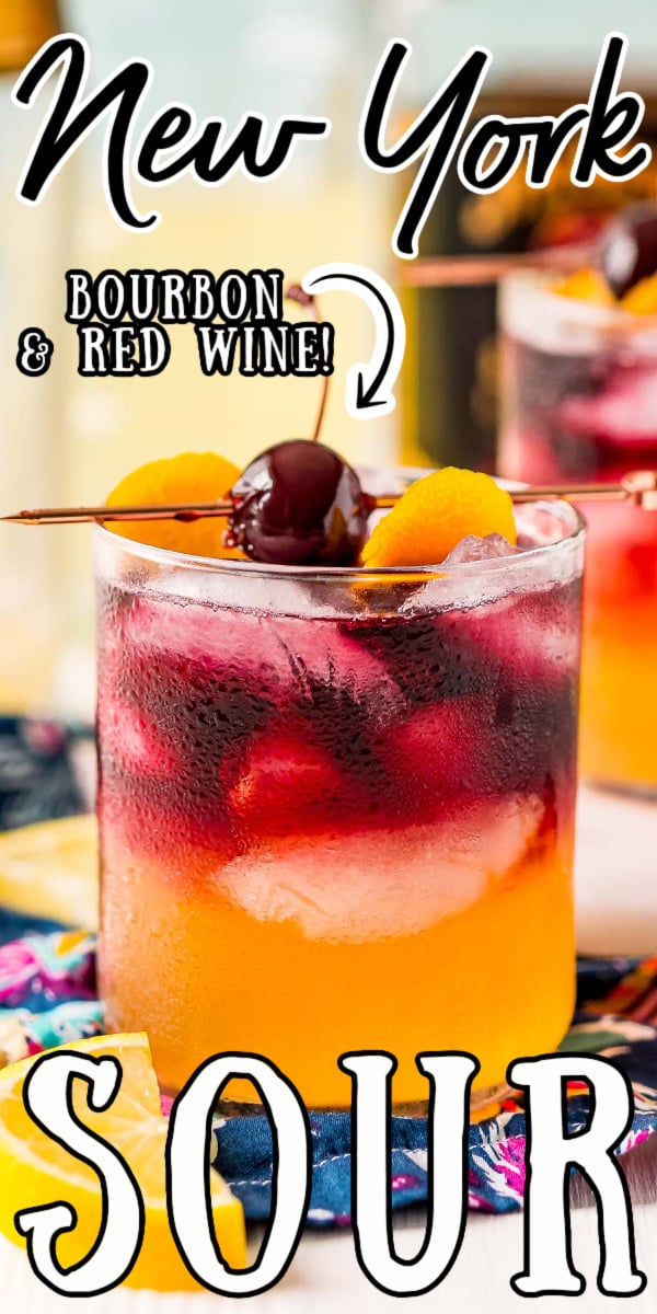 This New York Sour recipe is perfect for fans of sour cocktails! It’s made with Sour Mix, whiskey, a twist of orange, and a layer of red wine that floats on top! via @sugarandsoulco