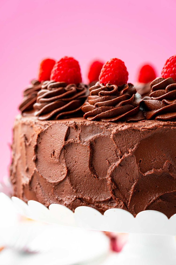 Close up photo of a dark chocolate cake topped with raspberries.