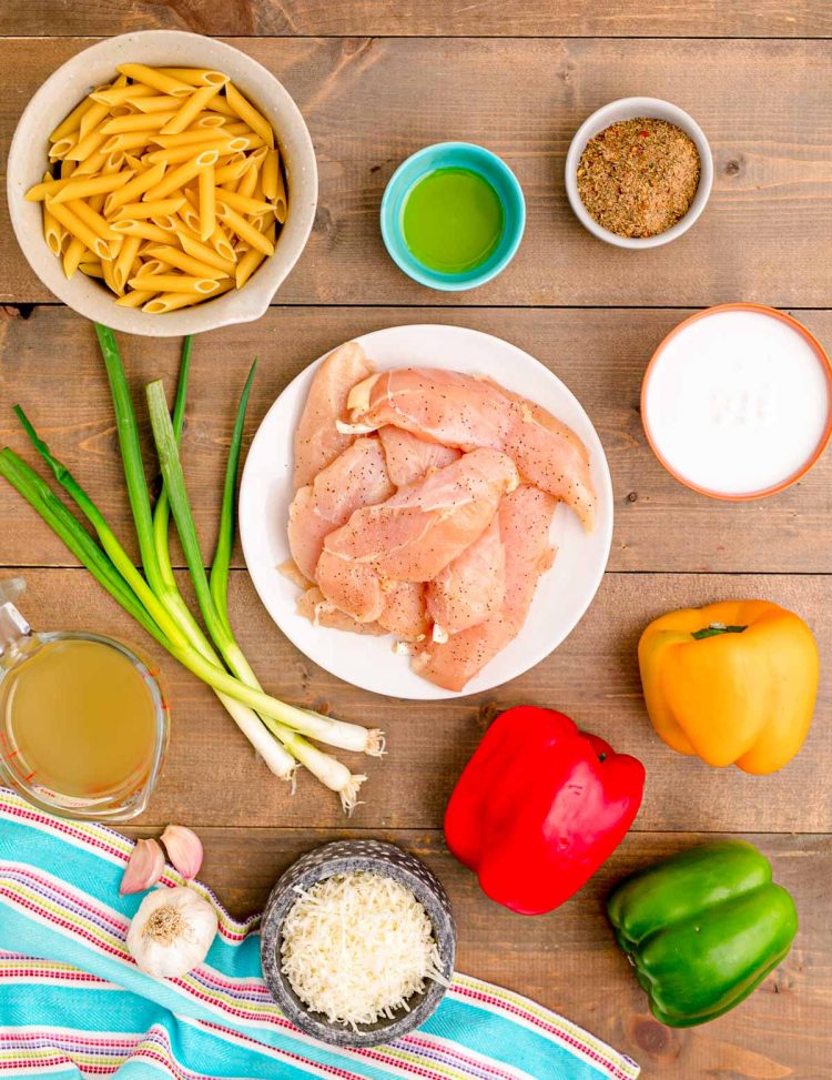 Overhead photo of ingredients prepped to make rasta pasta.