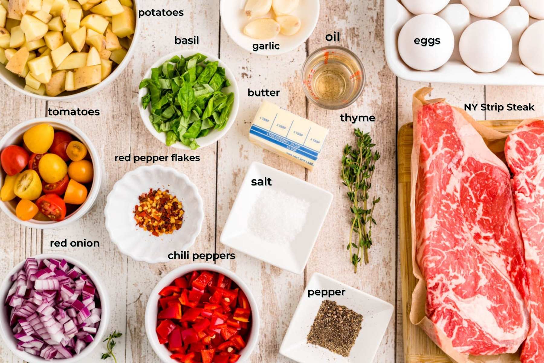 Overhead photo of ingredients prepped to make steak and eggs with labels on them.