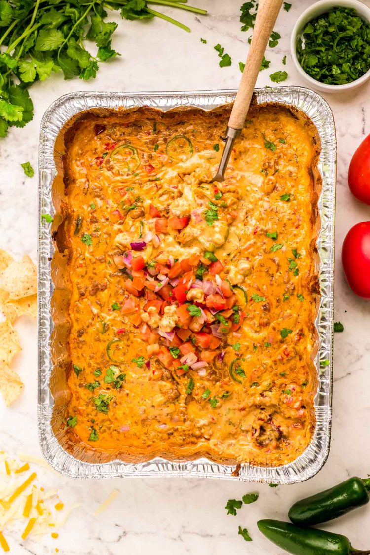 Overhead photo of a pan of smoked queso dip.