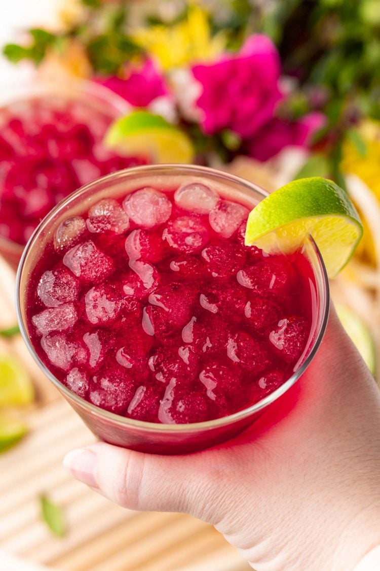 A woman's hand holding a woo woo drink to the camera.