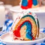 Photo of red white and blue bundt cake.