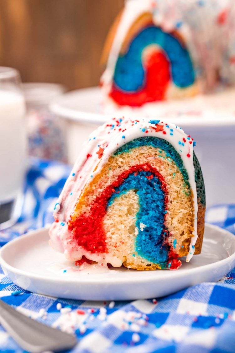 Photo of red white and blue bundt cake.
