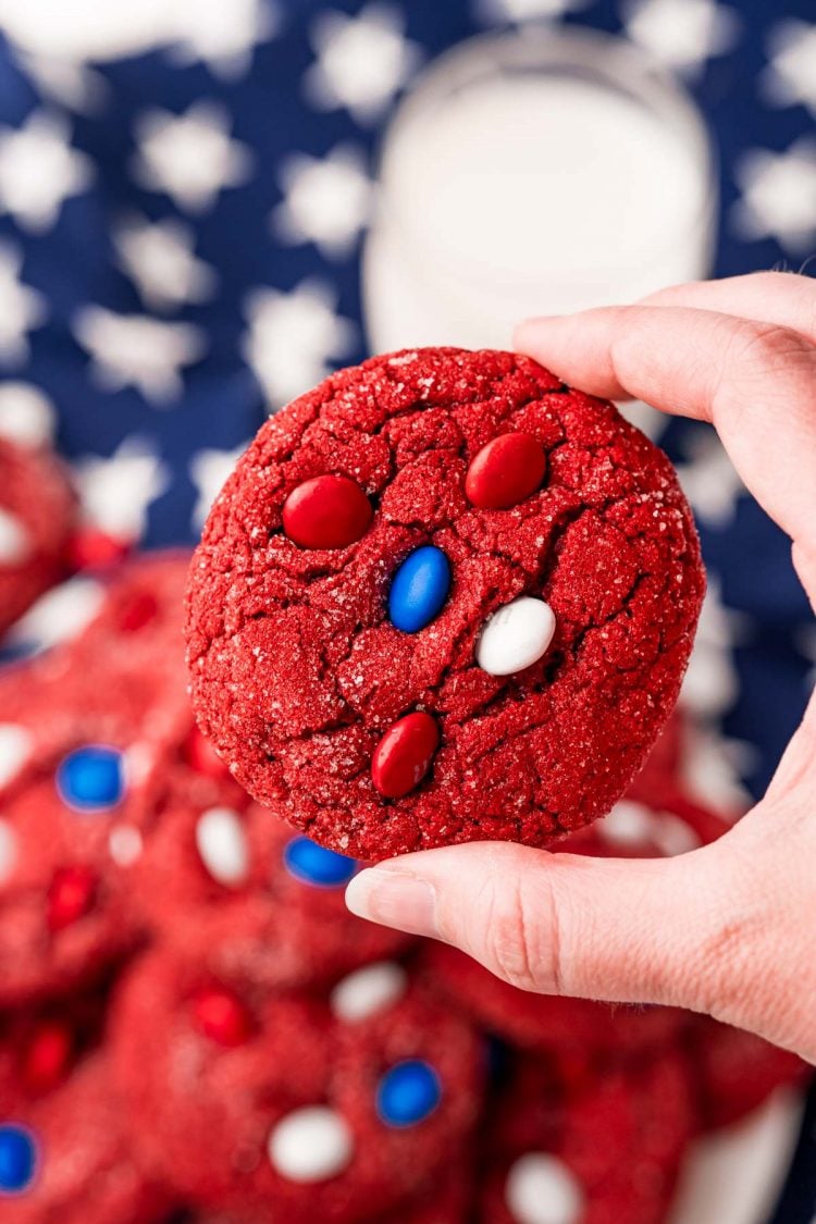 A woman's hand holding a red, white, and blue 4tho of july cookie.