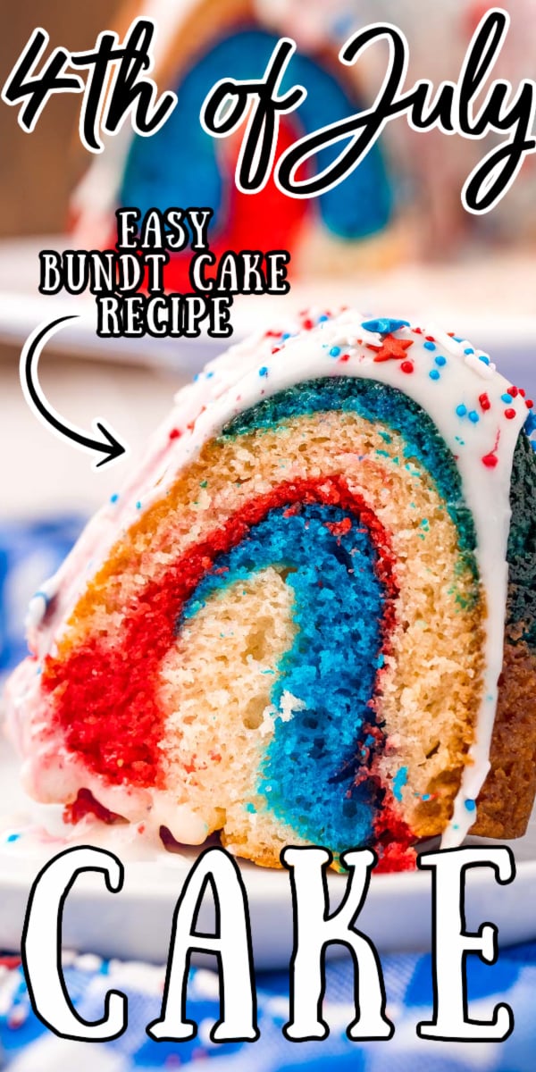 4th of July Bundt Cake combines 5 ingredients with food coloring to make a delicious patriotic dessert that's covered in icing and sprinkles! via @sugarandsoulco